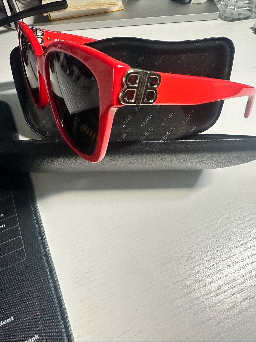 Balenciaga Red Cat-Eye Sunglasses with Silver Double-B Logo